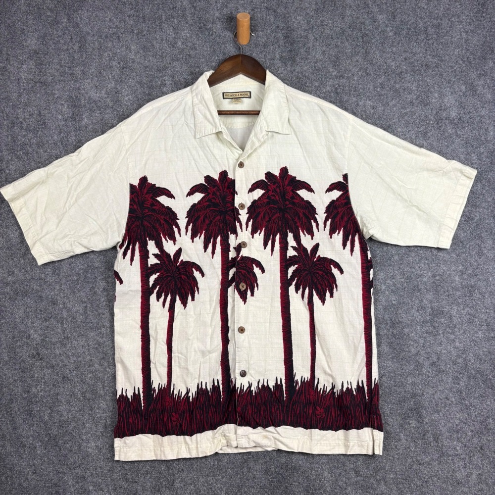 Preswick & Moore Mens XL Palm Tree Graphic Button Down Shirt Cream Red Rayon